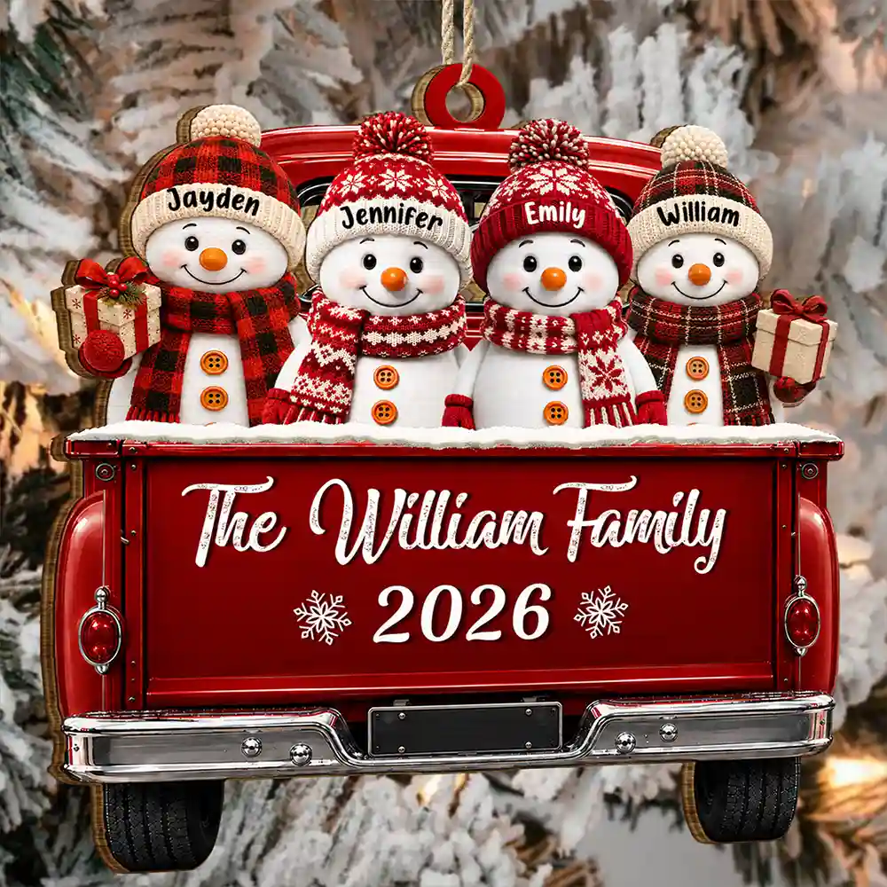 Merry Christmas Happy Snowman Family - Personalized Custom Shaped Wooden Ornament