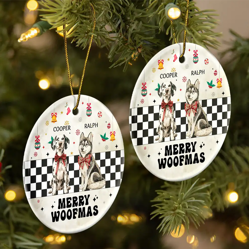 Funny, Christmas, Dog Lovers - Merry Woofmas Vintage Dog - Personalized Circle Ceramic Ornament