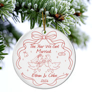 First Christmas,Christmas,Romantic,Gift For Couples,Icon - Merry & Married First Christmas Couple - Personalized Circle Ceramic Ornament