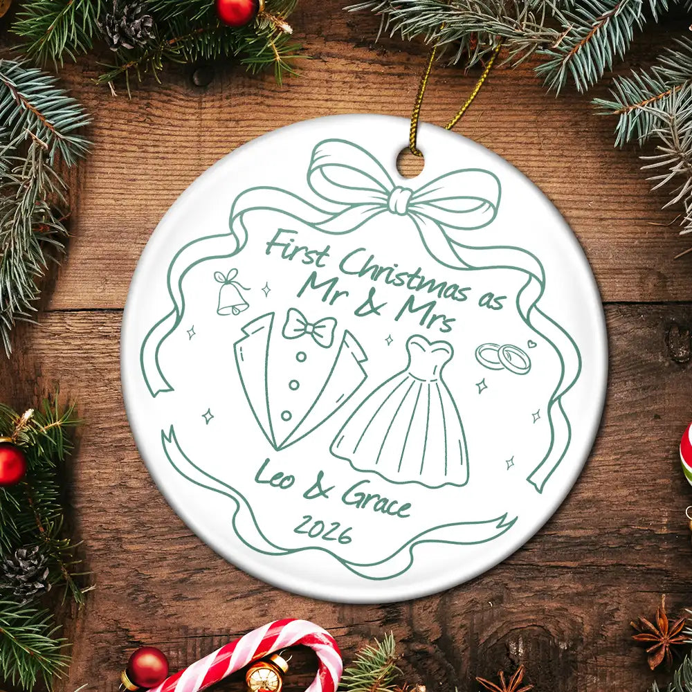 First Christmas,Christmas,Romantic,Gift For Couples,Icon - Merry & Married First Christmas Couple - Personalized Circle Ceramic Ornament