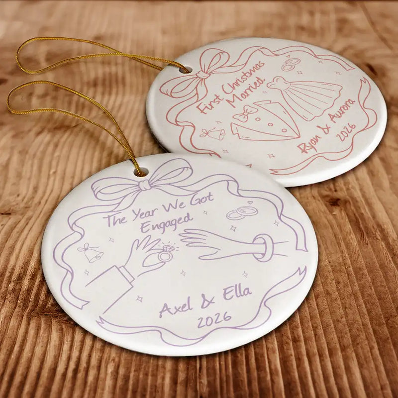First Christmas,Christmas,Romantic,Gift For Couples,Icon - Merry & Married First Christmas Couple - Personalized Circle Ceramic Ornament