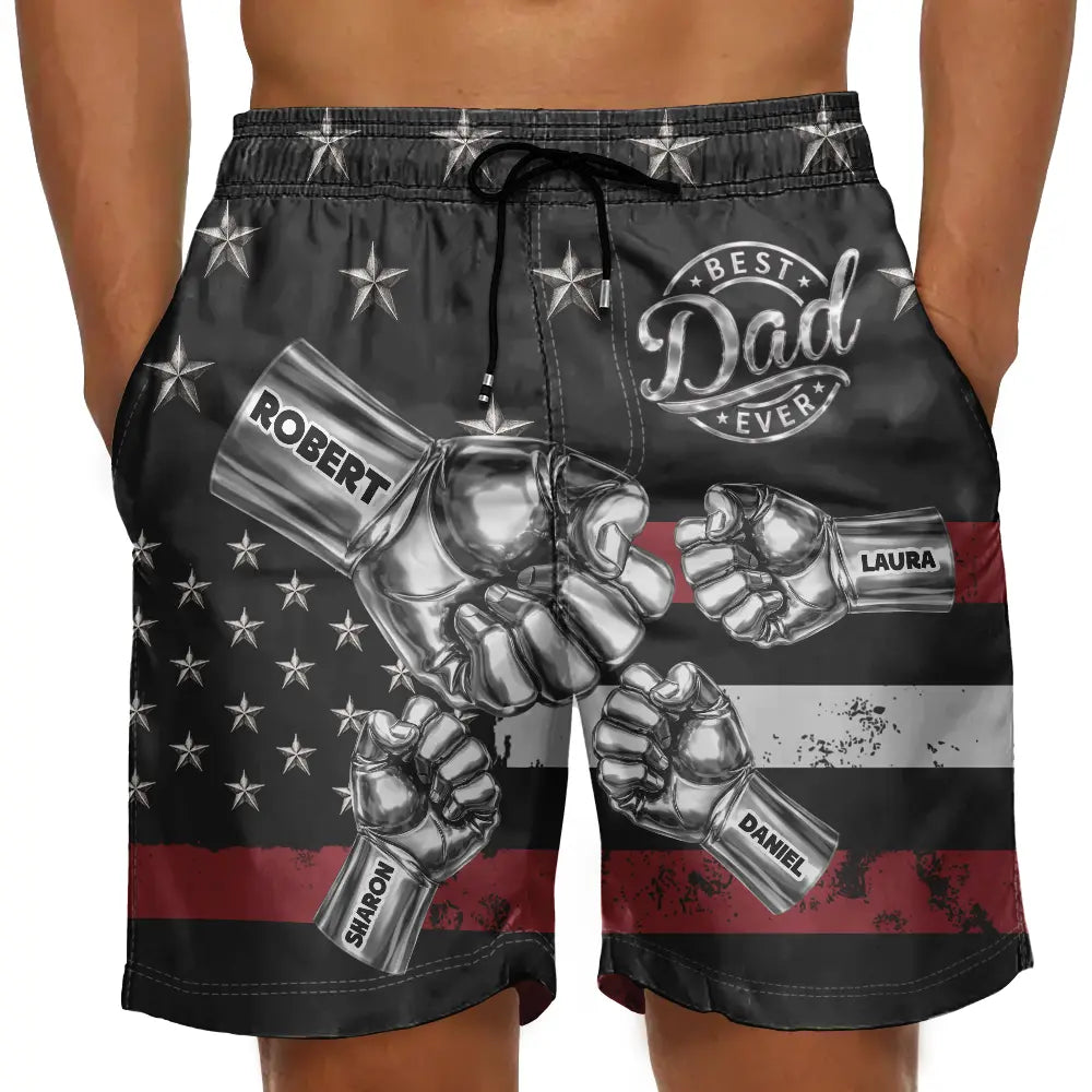 Gift For Father,Gift For Grandpa,Independence Day,Summer,Icon,Confident - Metal Effect Best Dad Grandpa Ever - Personalized Unisex Beach Shorts