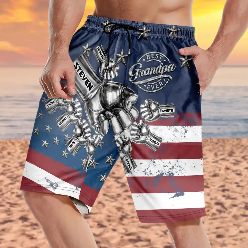 Gift For Father,Gift For Grandpa,Independence Day,Summer,Icon,Confident - Metal Effect Best Dad Grandpa Ever - Personalized Unisex Beach Shorts