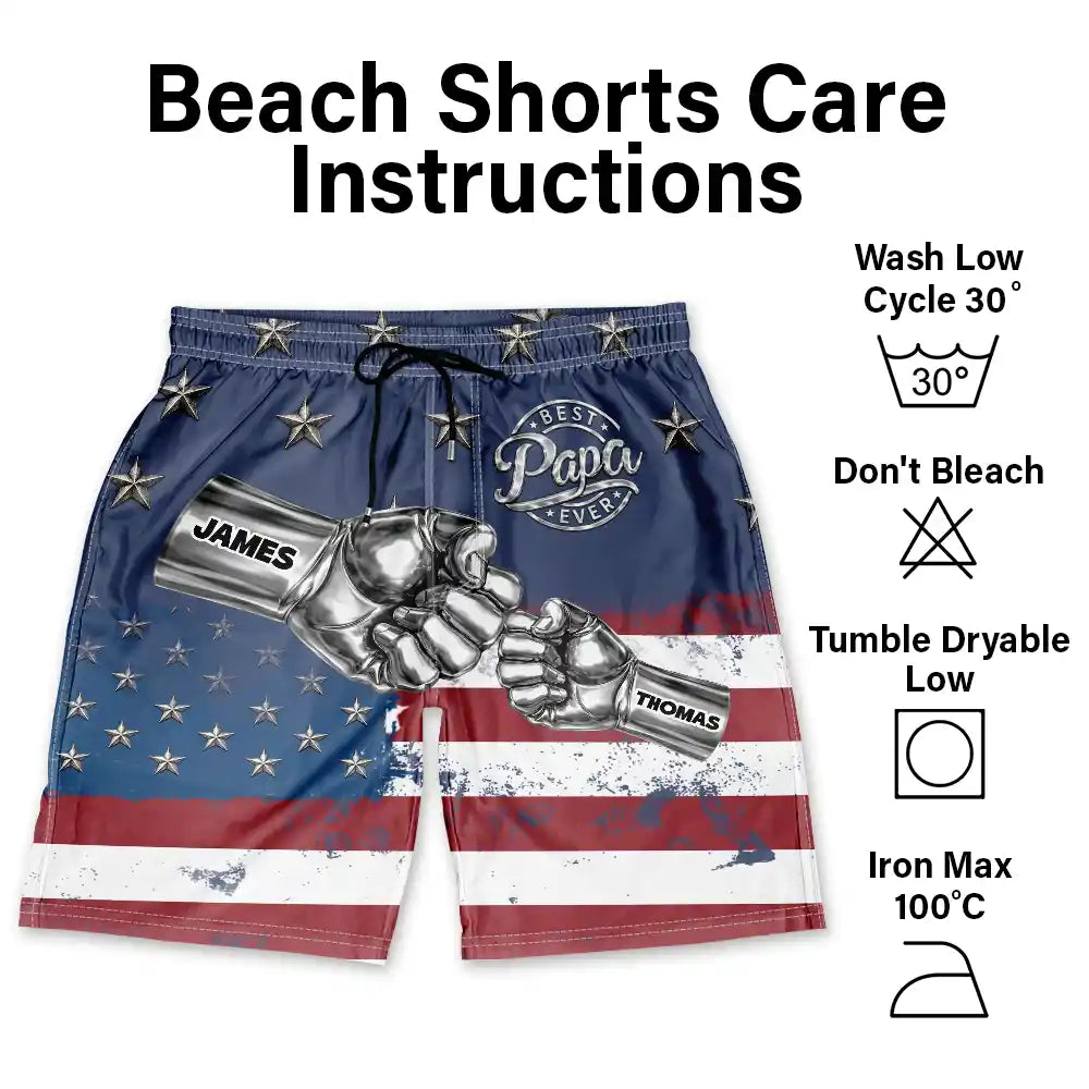 Gift For Father,Gift For Grandpa,Independence Day,Summer,Icon,Confident - Metal Effect Best Dad Grandpa Ever - Personalized Unisex Beach Shorts