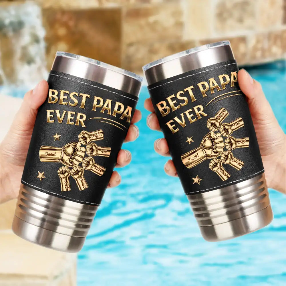 Metal Effect Hand Punch Best Dad Ever - Personalized Leather Tumbler