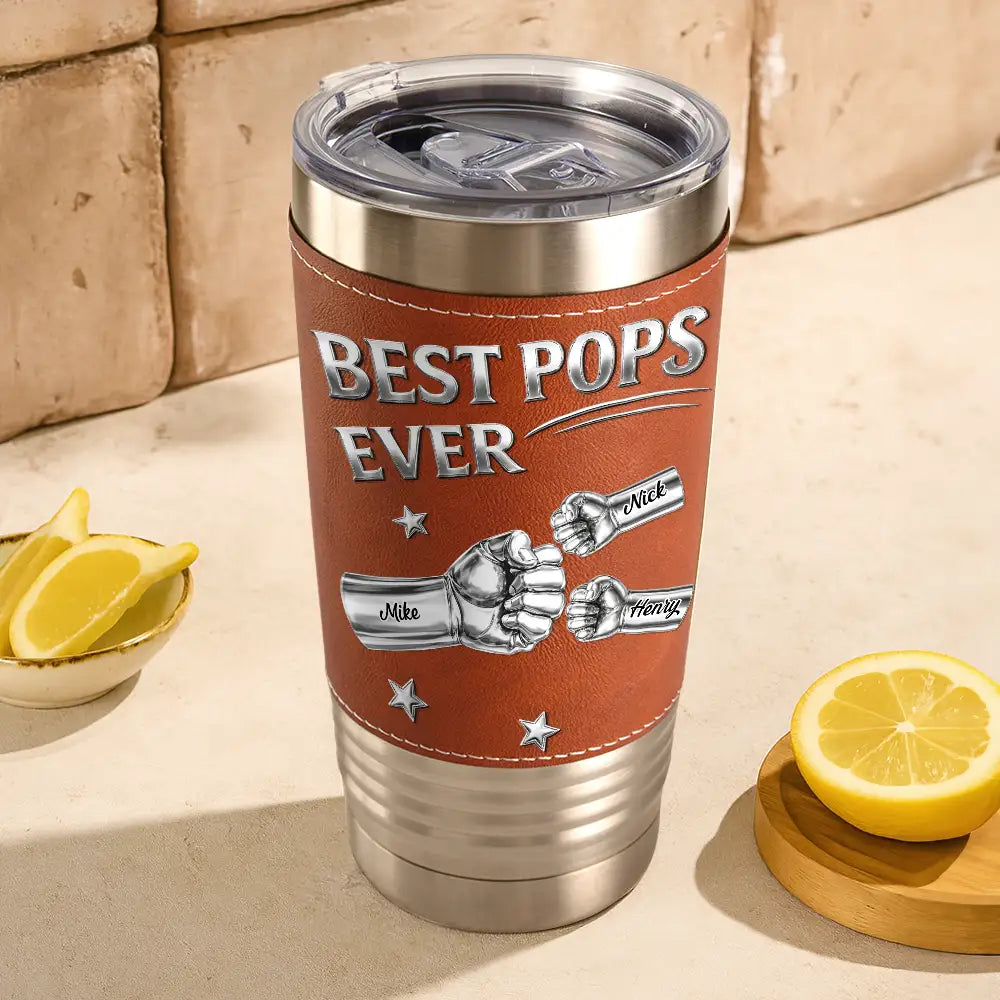 Gift For Father,Top Market,Gift For Grandpa,Non-Eng,Icon,Confident - Metal Effect Hand Punch Best Dad Ever - Personalized Leather Tumbler