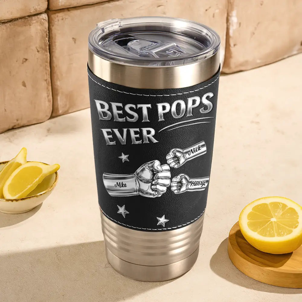 Metal Effect Hand Punch Best Dad Ever - Personalized Leather Tumbler