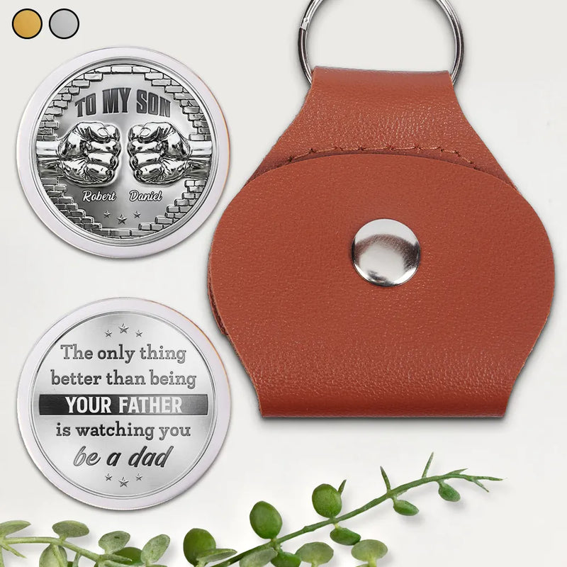 Gift For Son,Gift For Grandkids,Non-Eng,Icon,Proud - Metal Effect Watching You Be A Dad - Personalized Leather Pocket Hug
