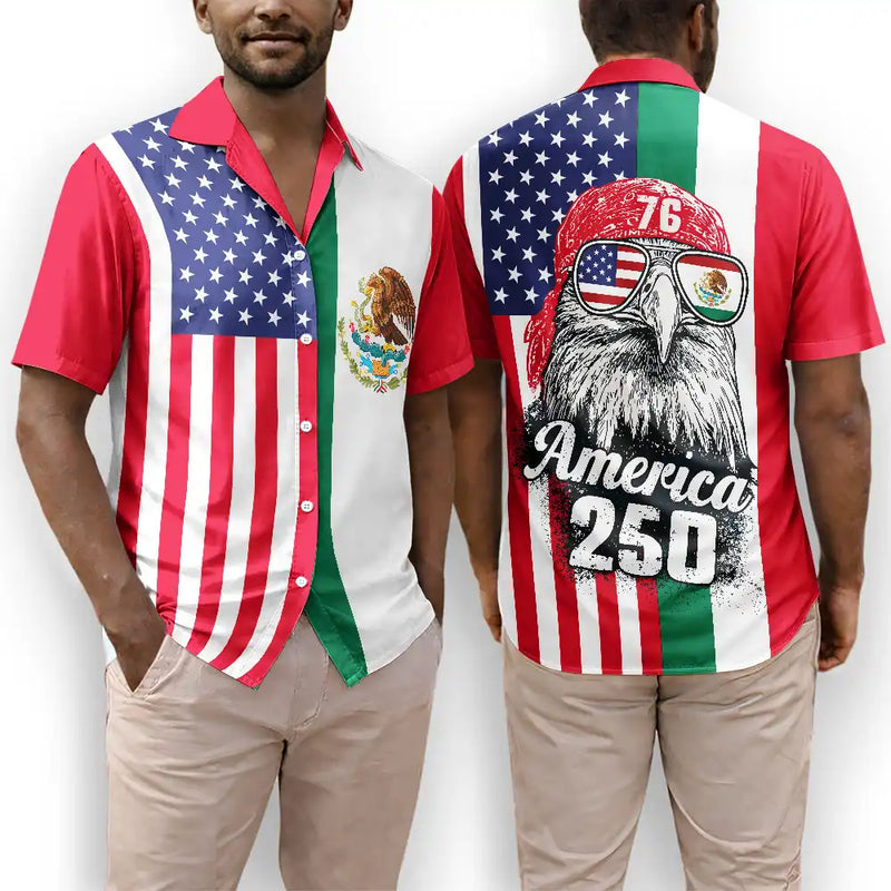 No Custom,America 250th,Independence Day - Mexican American Flag 1776 Eagle America 250th - Hawaiian Shirt