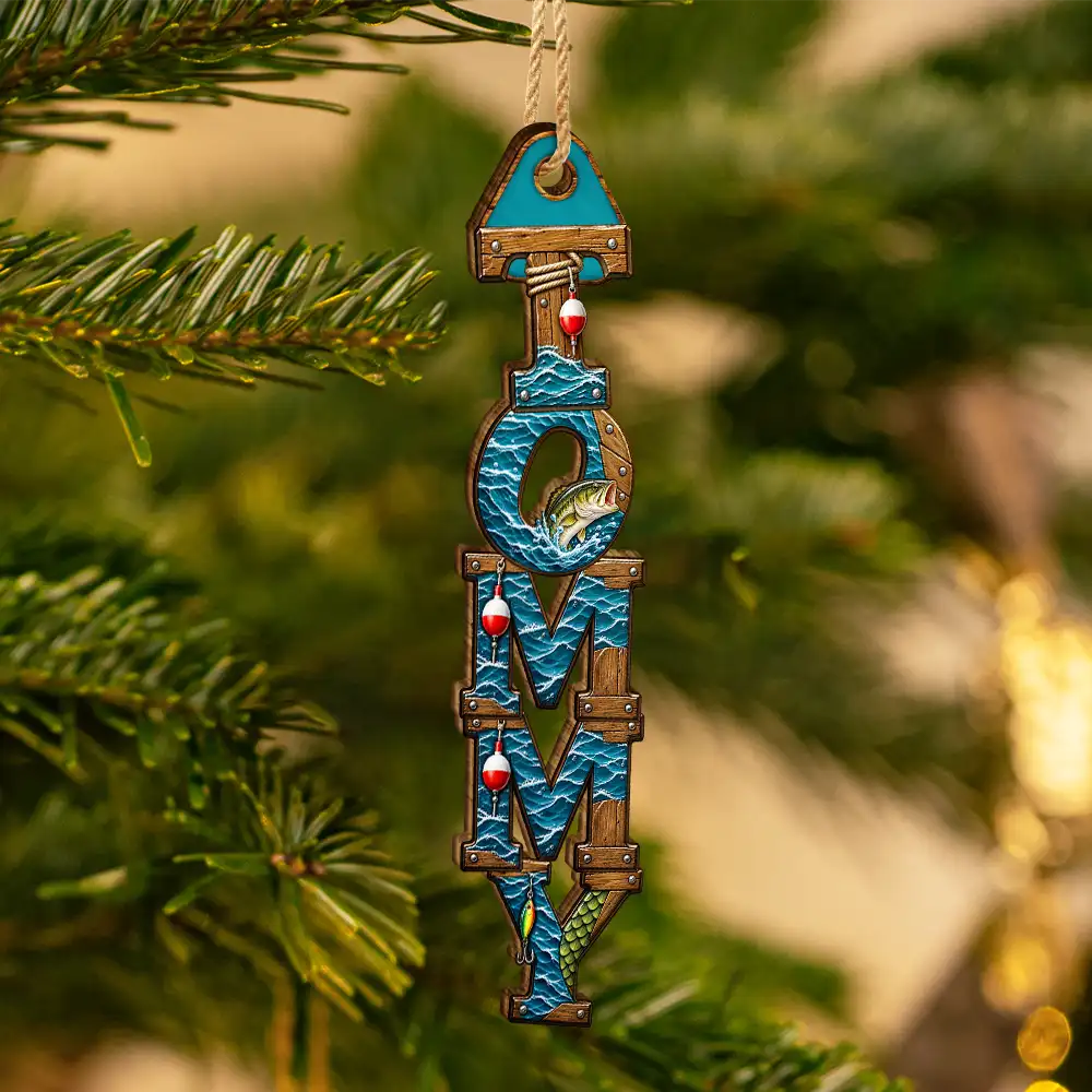 Christmas,Fishing,Gift For Men,Gift For Yourself,Gifts For Him,Icon,Proud - Christmas Gift For Dad Grandpa Husband - Personalized Custom Name In Football Fishing BBQ Hunting Letters Wooden Ornament