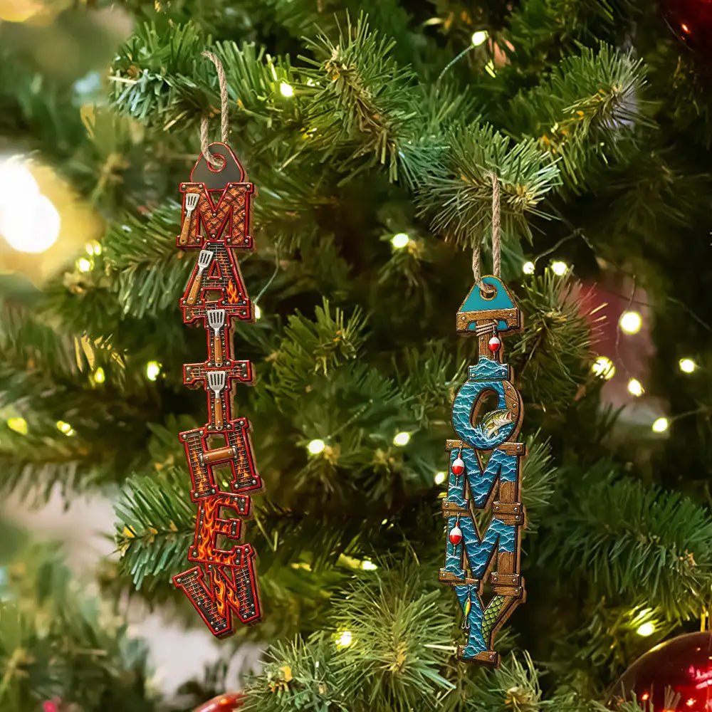 Christmas,Fishing,Gift For Men,Gift For Yourself,Gifts For Him,Icon,Proud - Christmas Gift For Dad Grandpa Husband - Personalized Custom Name In Football Fishing BBQ Hunting Letters Wooden Ornament
