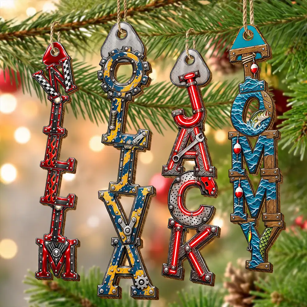 Christmas Gift For Dad Grandpa Husband - Personalized Custom Name In Football Fishing BBQ Hunting Letters Wooden Ornament