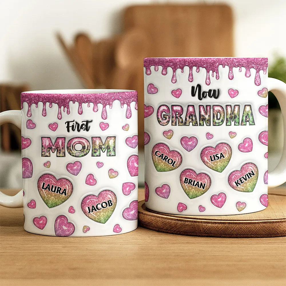 Gift For Mother,Gift For Grandma,Happy - First Mom Now Grandma Heart Icon, 3D Inflated Effect Printed - Personalized White Edge-to-Edge Mug