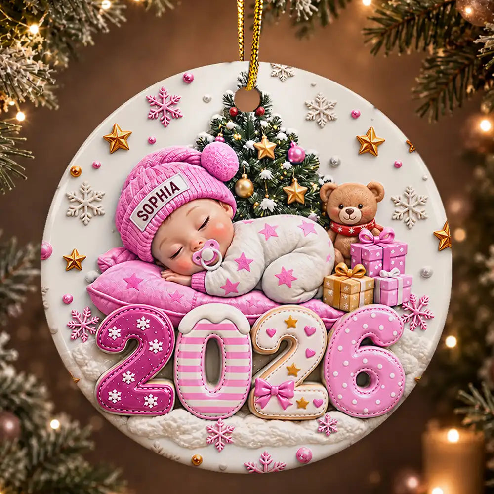Christmas,Gift For Baby,New Baby,Sentimental,Vector - Baby's First Christmas Gift For New Mom - Personalized Sleeping Baby 3D Embossed Circle Ceramic Ornament