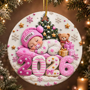Christmas,Gift For Baby,New Baby,Sentimental,Vector - Baby's First Christmas Gift For New Mom - Personalized Sleeping Baby 3D Embossed Circle Ceramic Ornament