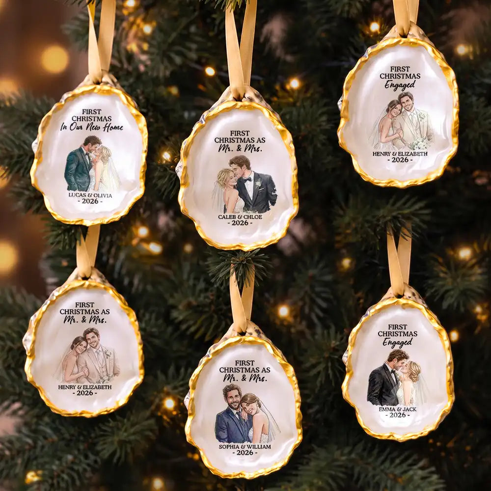 Art Design, Christmas, Custom Photo, First Christmas, Gift For Couples, Indoor Decor, Married Couple, Photo - Vivid Watercolor Art, Romantic - First Christmas Married Gift For Couples - Personalized Custom Photo Watercolor Mr & Mrs Wedding Portrait Oyster Ornament