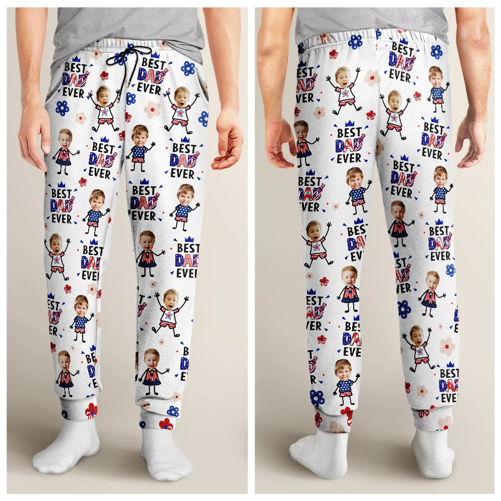 Gift For Father,Gift For Mother,Gift For Grandpa,Gift For Grandma,Stick Figure,Happy,Photo,Icon,Humorous - Custom Photo US Stick Figures Face Cut Best Dad Mom Mama Papa Ever - Personalized Pajama Pants