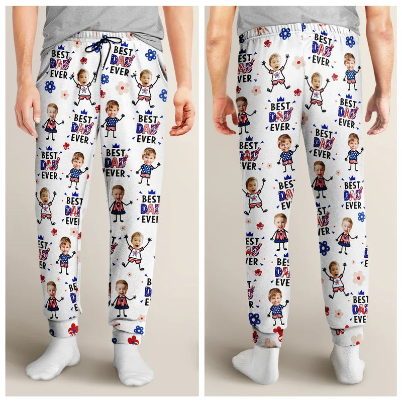 Gift For Father,Gift For Mother,Gift For Grandpa,Gift For Grandma,Stick Figure,Happy,Photo,Icon,Humorous - Custom Photo US Stick Figures Face Cut Best Dad Mom Mama Papa Ever - Personalized Pajama Pants