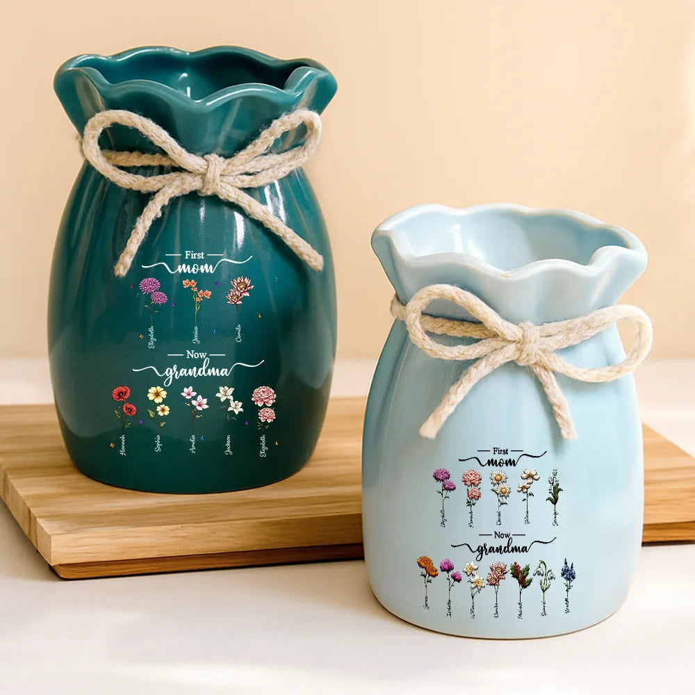 Gift For Grandma,Gift For Mother,Gift For Women,Happy - Birth Month Flowers First Mom Now Grandma - Personalized Ribbon Tie Flower Vase