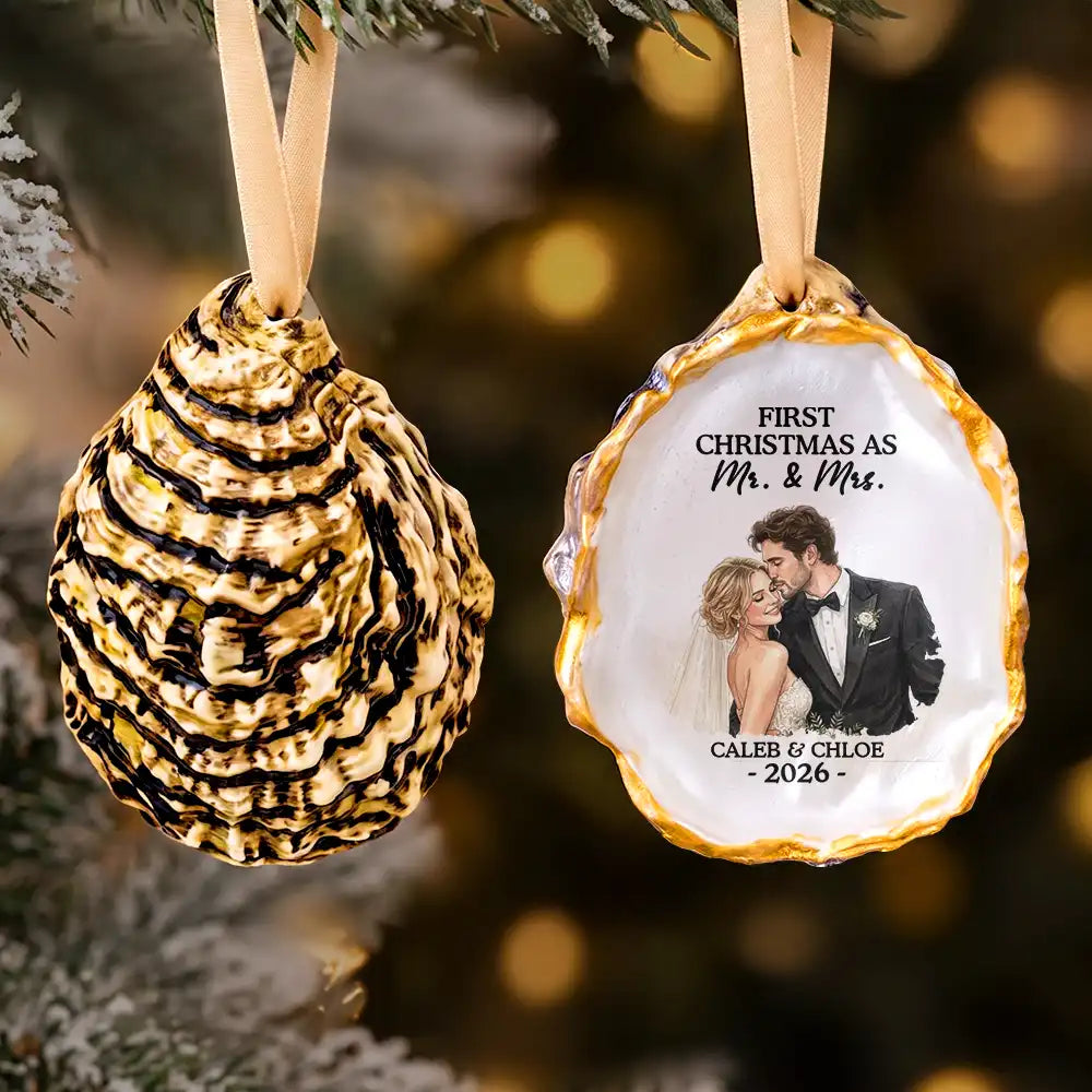 Art Design, Christmas, Custom Photo, First Christmas, Gift For Couples, Indoor Decor, Married Couple, Photo - Vivid Watercolor Art, Romantic - First Christmas Married Gift For Couples - Personalized Custom Photo Watercolor Mr & Mrs Wedding Portrait Oyster Ornament