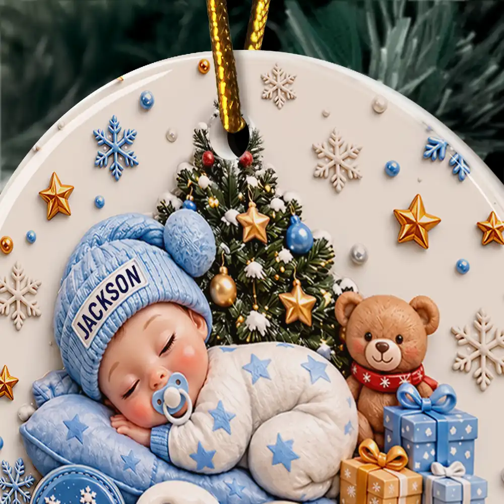 Christmas,Gift For Baby,New Baby,Sentimental,Vector - Baby's First Christmas Gift For New Mom - Personalized Sleeping Baby 3D Embossed Circle Ceramic Ornament