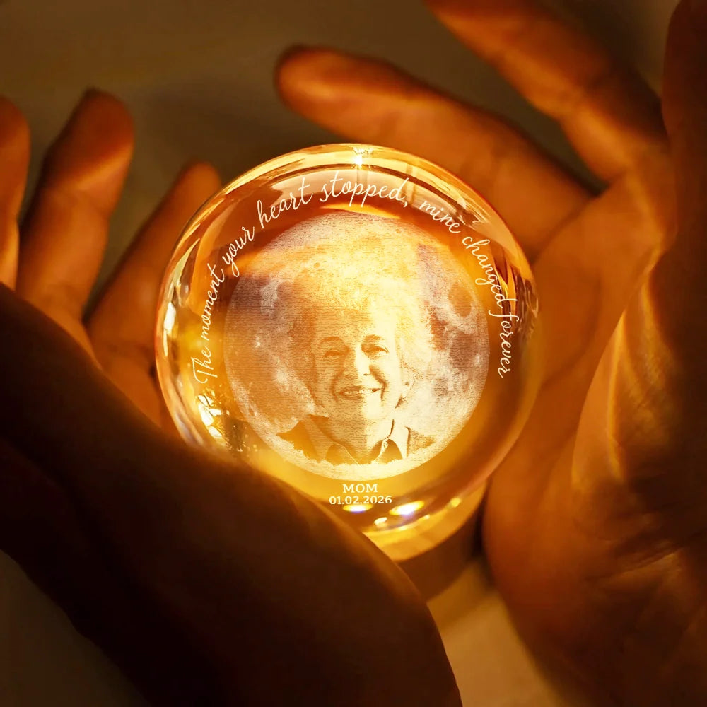 Gift For Yourself,Memorial,Sad,Gift For Mother,Gift For Father,Gift For Son,Gift For Daughter - Moon Phase Custom Photo Pencil Sketch Memorial The Moment Your Heart Stopped - Personalized Crystal Globe Lamp