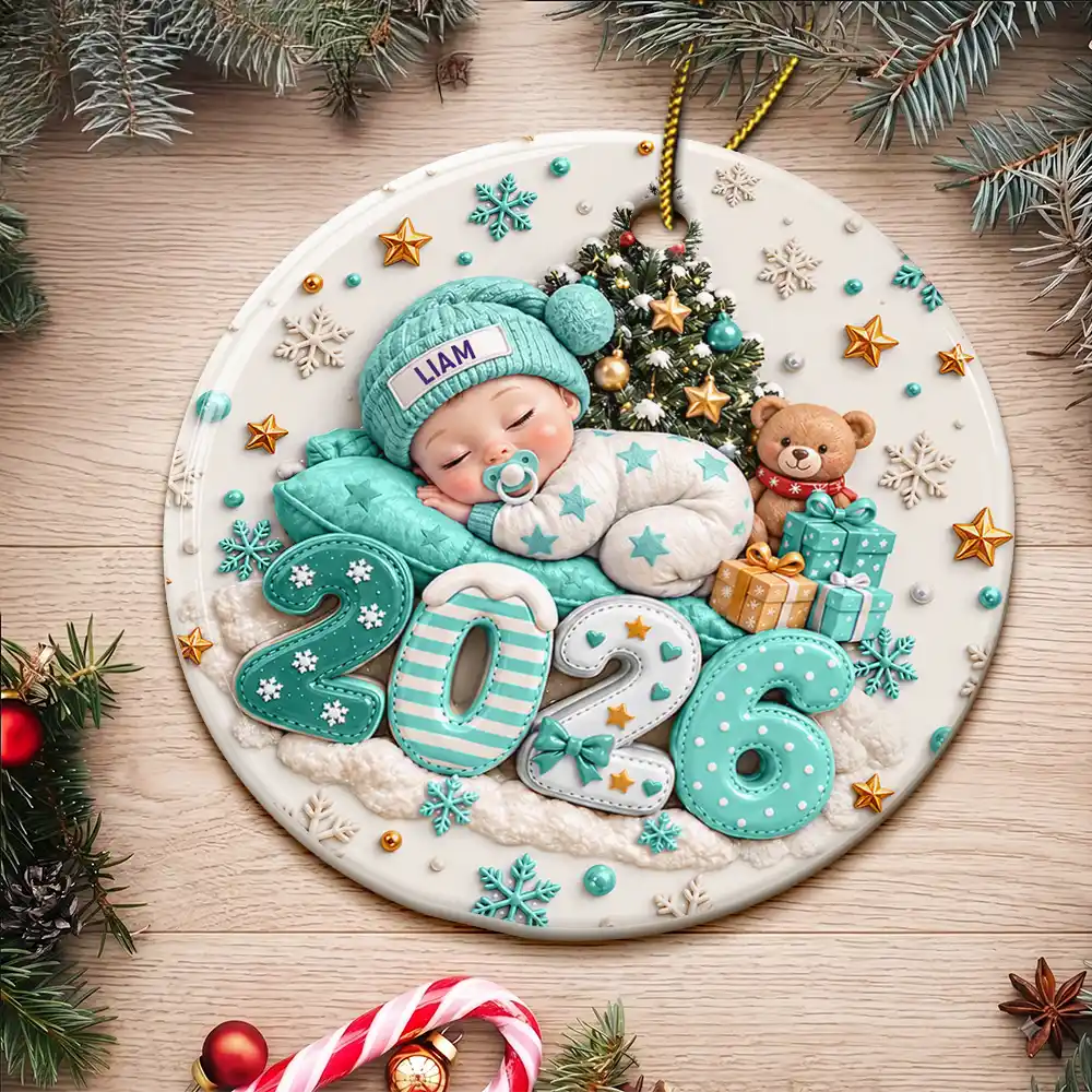 Christmas,Gift For Baby,New Baby,Sentimental,Vector - Baby's First Christmas Gift For New Mom - Personalized Sleeping Baby 3D Embossed Circle Ceramic Ornament