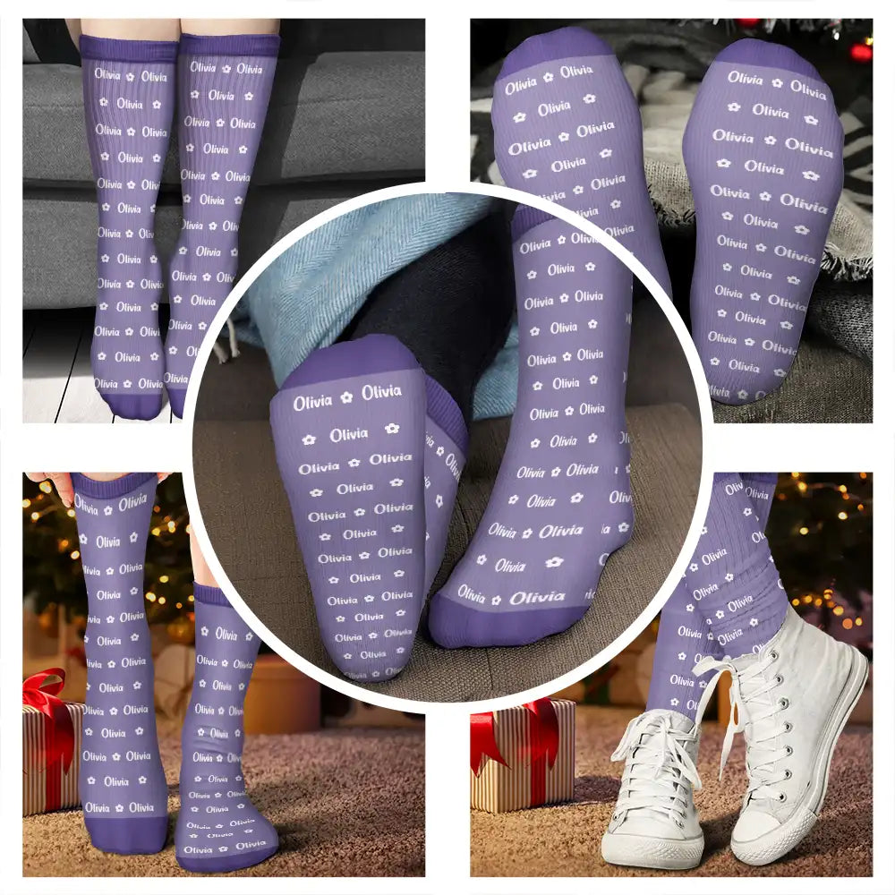 Christmas, Custom Text, Gift For Kids, Playful - Gift For Kids - Personalized Name Heart Star Pattern Socks
