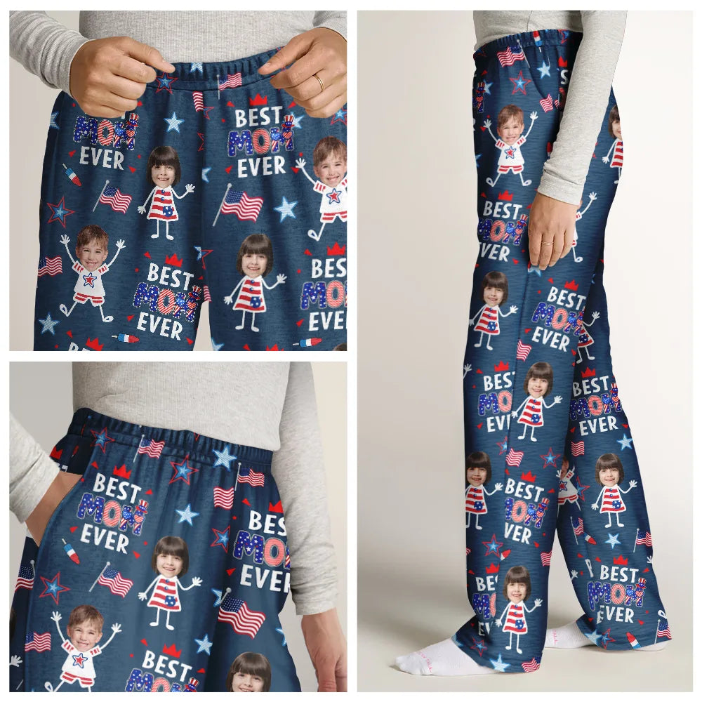Gift For Father,Gift For Mother,Gift For Grandpa,Gift For Grandma,Stick Figure,Happy,Photo,Icon,Humorous - Custom Photo US Stick Figures Face Cut Best Dad Mom Mama Papa Ever - Personalized Pajama Pants