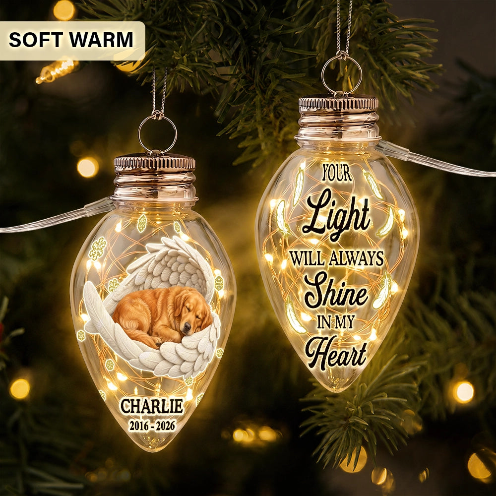 Art Design,Christmas,Custom Photo,Memorial,Pet Lovers,Pet Memorial,Photo - Sleeping Pet Angle Wing,Sentimental - Memorial Gift For Pet Lovers - Personalized Custom Photo Your Light Will Always Shine In My Heart Chili Bulb LED Light