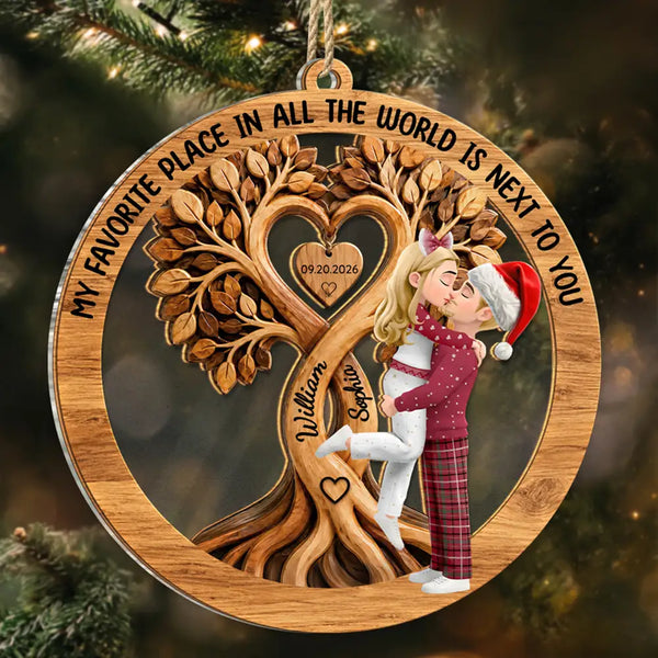 Christmas,Gift For Couples,Old Couples,Romantic,Vector - Christmas Gift For Couples - Personalized Kisssing Under Heart Tree 2-Layered Mix Ornament