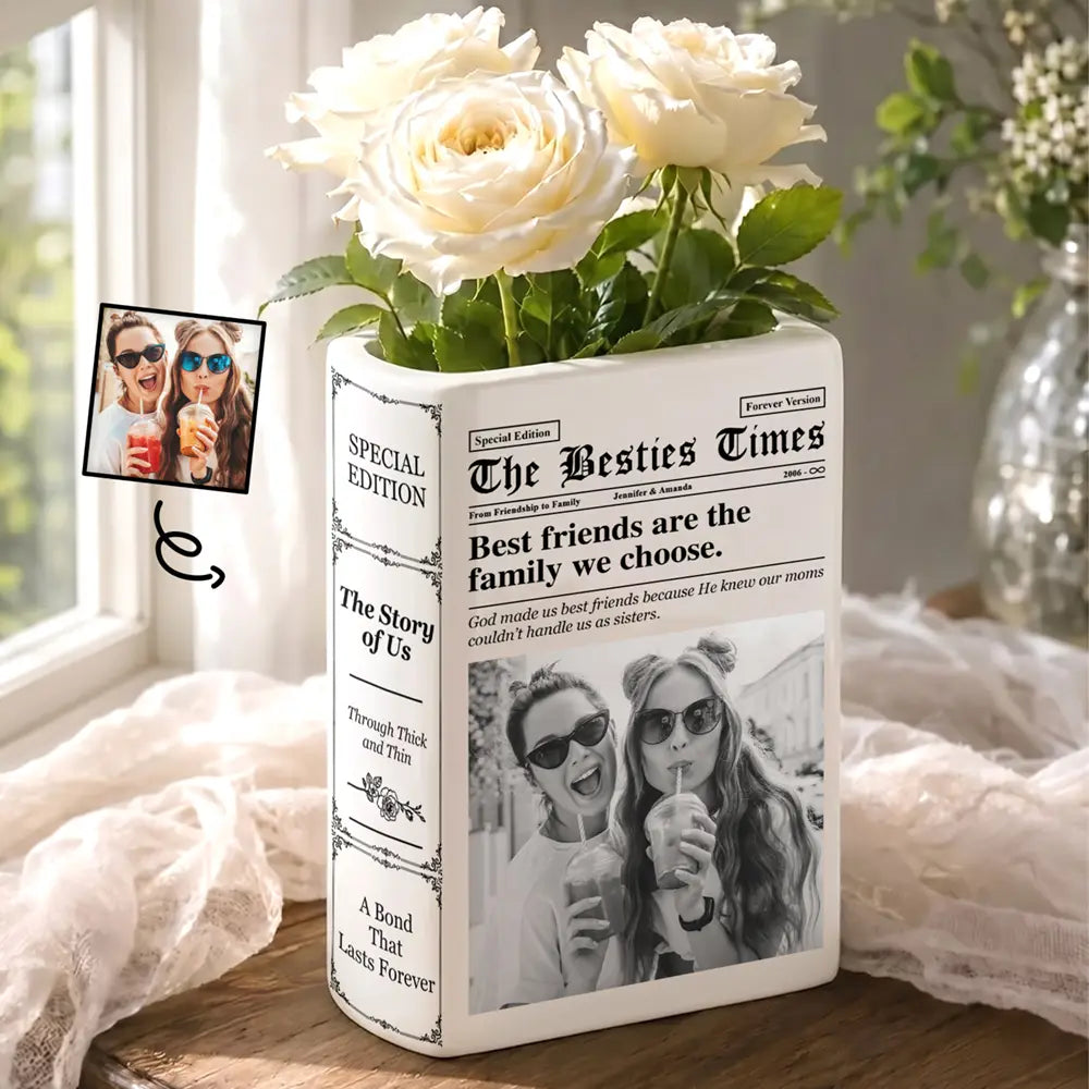 Afro Besties,Christmas,Custom Photo,Gift For Bestie,Humorous,Top Market,Upload Full Photo - Gift For Best Friend - Personalized Custom Photo Newspaper Ceramic Book Vase