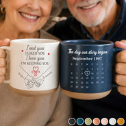 Anniversary,Calendar,Christmas,Gift For Couples,Old Couples,Romantic - Anniversary Gift For Couples - Personalized Calendar Holding Hands Pottery Mug