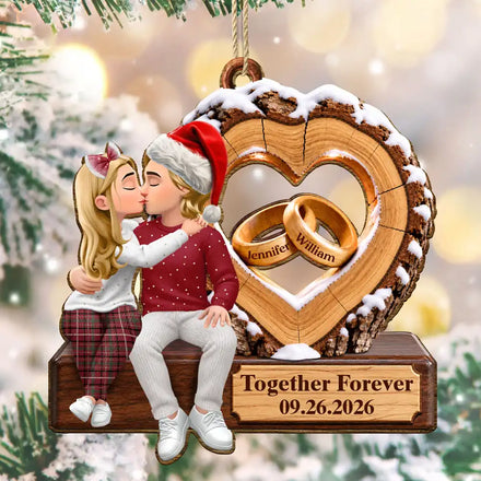 Anniversary Couple Gift - Personalized Romantic Kissing Together Forever Wooden Ornament