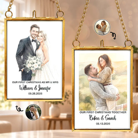 Our First Christmas Couple - Personalized Custom Photo Watercolor Metal Frame Ornament