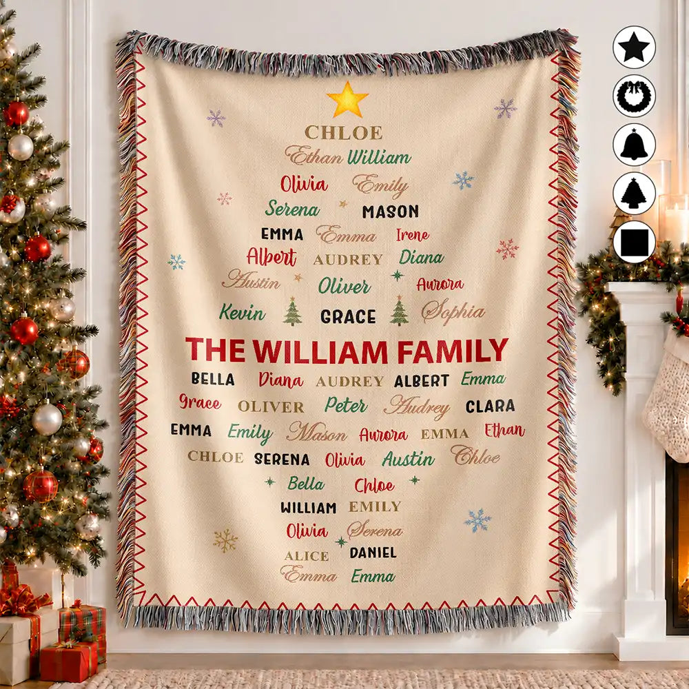 Christmas Gift For Grandma Mom - Personalized Family & Member Names Word Art Tree Star Wreath Woven Blanket