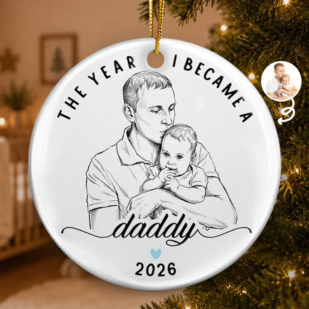 Christmas Gift For New Dad - Personalized Custom Photo Pencil Sketch The Year I Became A Daddy Circle Ceramic Ornament