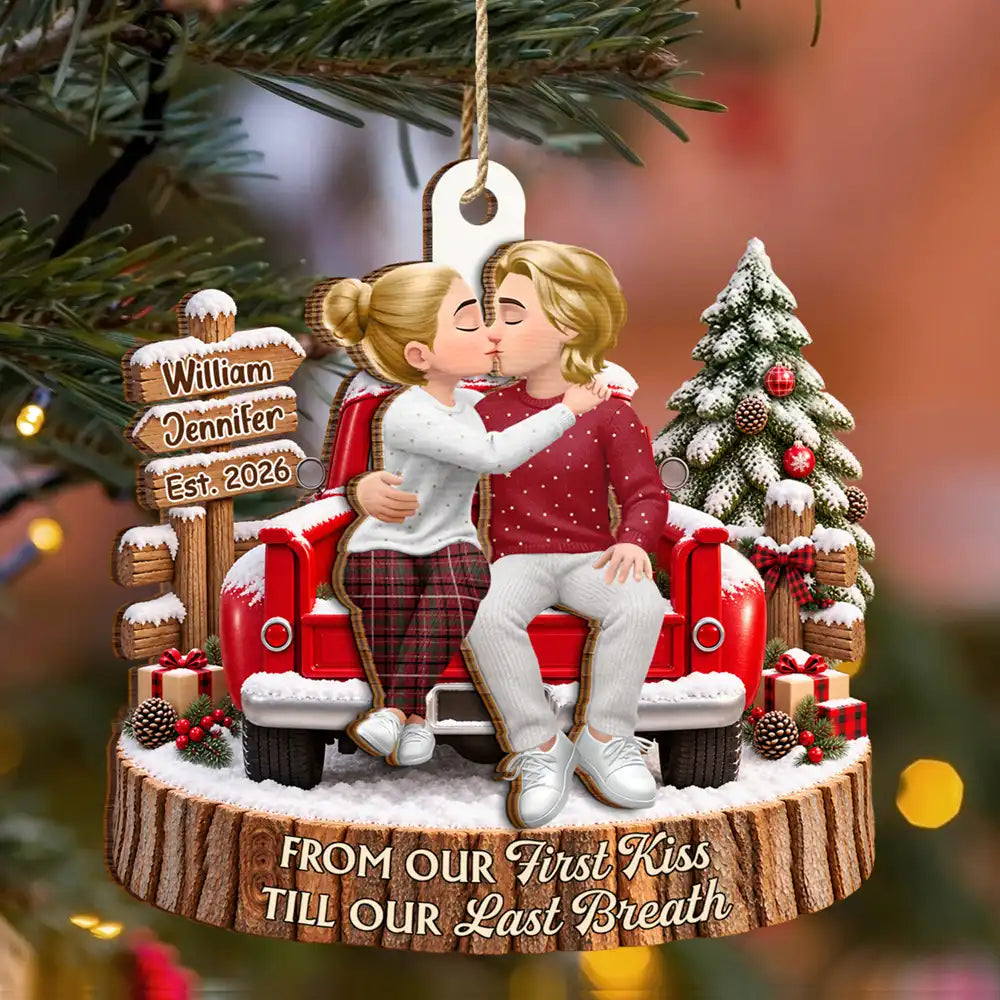 Christmas, Gift For Couples, Old Couples, Romantic, Vector - Christmas Gift For Couples - Personalized Farmhouse Red Truck 2-Layered Wooden Ornament
