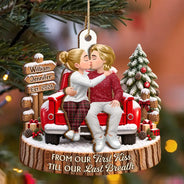 Christmas, Gift For Couples, Old Couples, Romantic, Vector - Christmas Gift For Couples - Personalized Farmhouse Red Truck 2-Layered Wooden Ornament