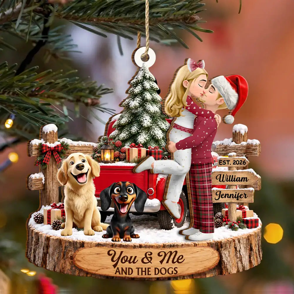Christmas,Dog Couple,Dog Lovers,Gift For Couples,Pet Lovers,Playful,Vector - Christmas Gift For Couples With Dogs - Personalized 2-Layered Wooden Ornament
