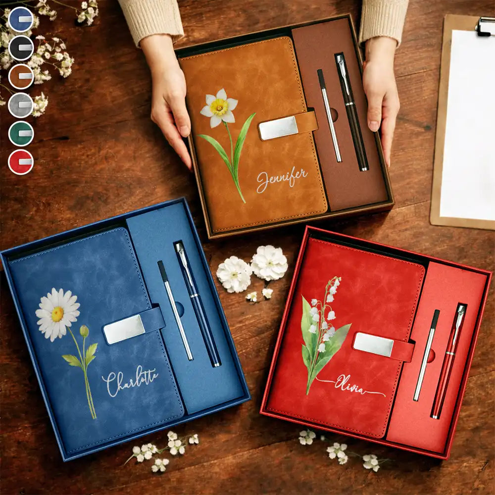 Christmas, Gift For Women, Gift For Yourself, Gifts For Her, Happy, Vector - Gift For Her, Besties, Colleagues - Personalized Birth Month Flower Leather Notebook Set