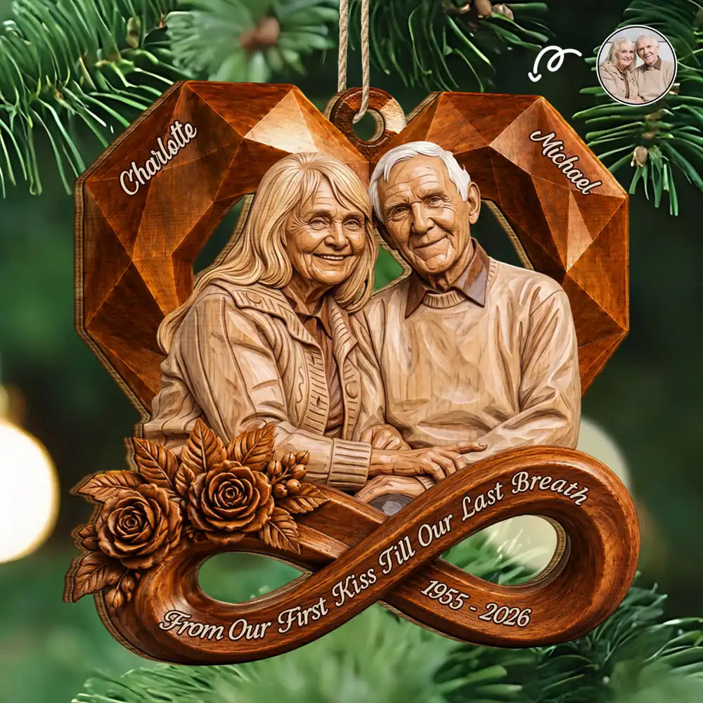Anniversary,Art Design,Christmas,Custom Photo,Gift For Couples,Old Couples,Photo - Wooden Effect Ver 2,Romantic - Anniversary Gift For Couples - Personalized Custom Photo 2D Printed From Our First Kiss Wooden Ornament