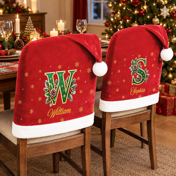 Christmas,Family,Happy,Icon - Christmas Home Decor Gift For Family - Personalized Monogram & Name Holly Botanical Initial Chair Cover