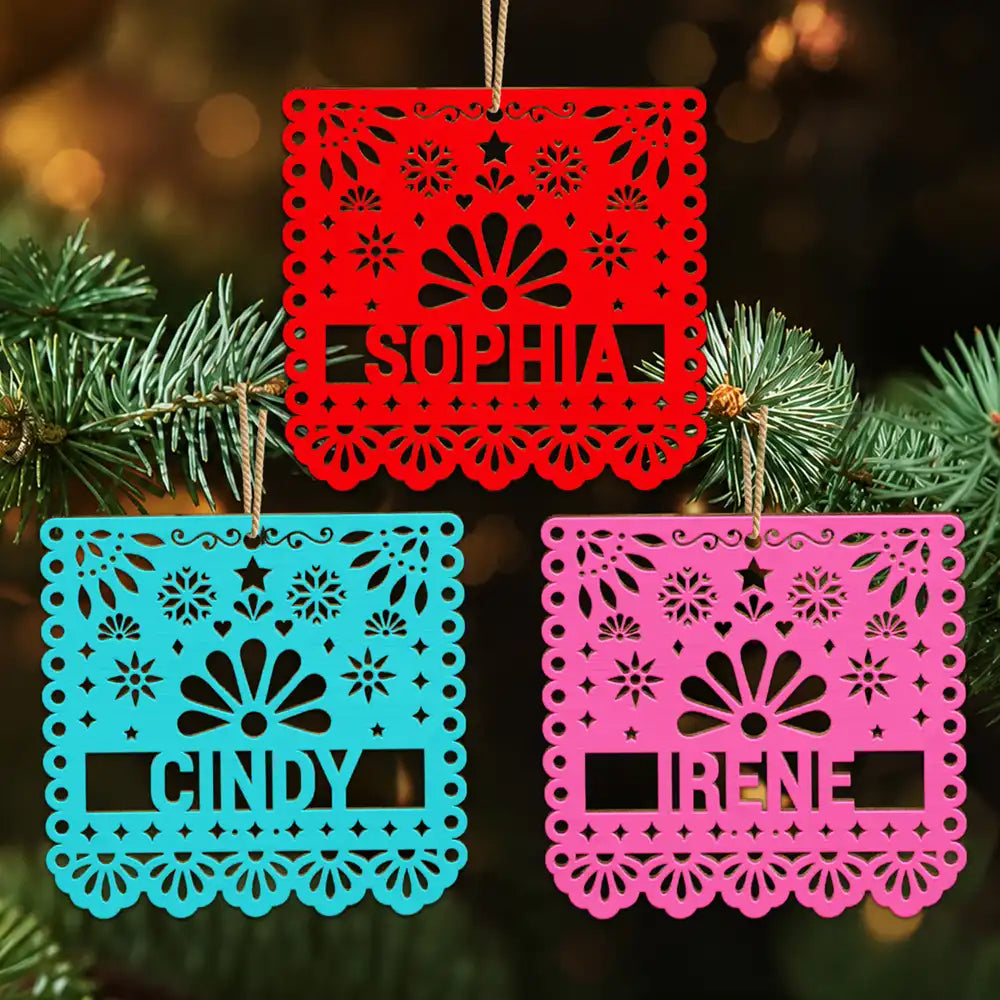 Christmas, Custom Text, Family, Happy, Top Market - Gift For Family - Personalized Papel Picado Wooden Ornament