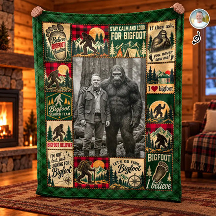 Christmas Sasquatch Gift For Him - Personalized Custom Photo Bigfoot Portrait Fleece Blanket, Sherpa Blanket