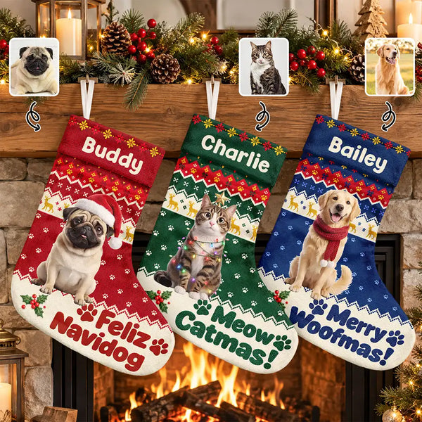 Art Design,Christmas,Custom Photo,Happy,Pet Lovers,Photo - Christmas Accessories 3D Cartoon Pet - Christmas Gift For Pet Lovers - Personalized Custom Photo Merry Woofmas Pet Portrait Christmas Stocking
