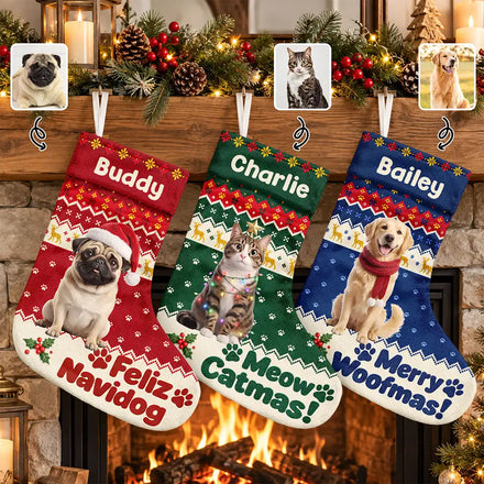 Christmas Gift For Pet Lovers - Personalized Custom Photo Merry Woofmas Pet Portrait Christmas Stocking