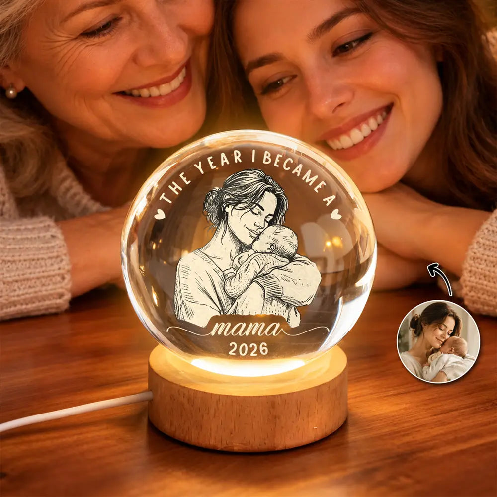 Gift For New Mom - Personalized Custom Photo Pencil Sketch The Year I Became A Mama Crystal Globe Lamp