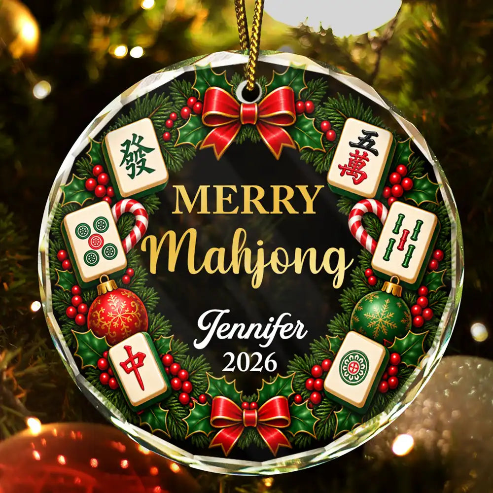 Christmas,Confident,Custom Text,Gift For Women,Gift For Yourself,Gifts For Her,Top Market - Christmas Gift For Mahjong Lovers - Personalized Merry Mahjong Circle Glass Ornament