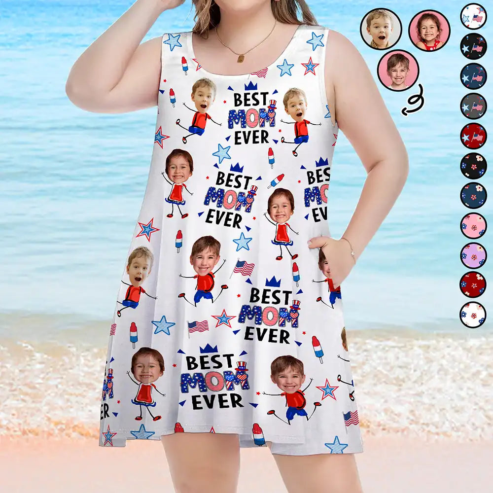 Custom Photo Stars & Stripes Best Mom Grandma Ever - Personalized Sleeveless Tank Dress